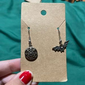 Asymmetrical Halloween Earrings Bat and Spiderwebs Silver